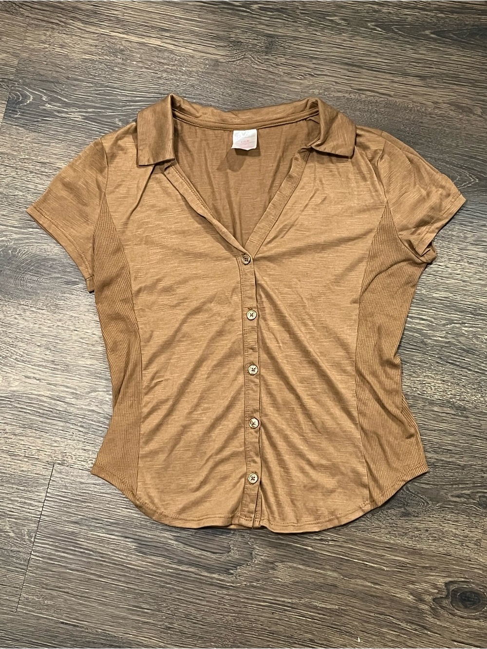 No Boundaries Brown Ribbed Button Front Collared Top Size S